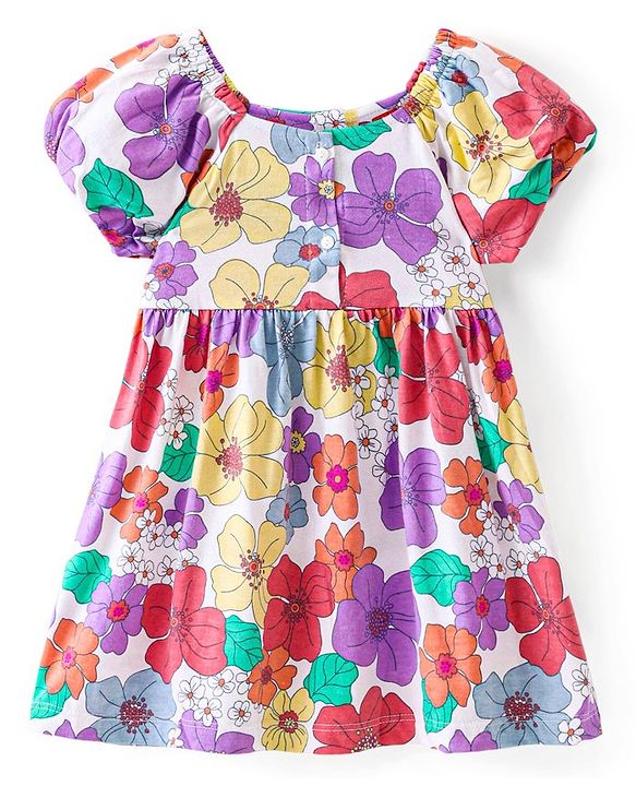 Babyhug Single Jersey Half Sleeves Frock with Bloomer Floral Print - Multicolor