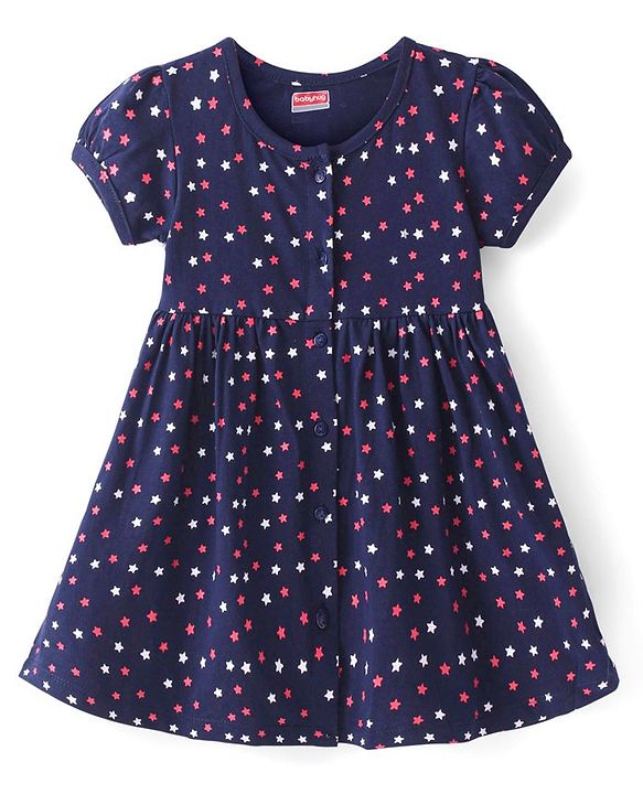 Babyhug Single Jersey Knit Half Sleeves Frock With Star Print- Navy Blue