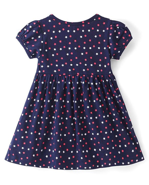 Babyhug Single Jersey Knit Half Sleeves Frock With Star Print- Navy Blue