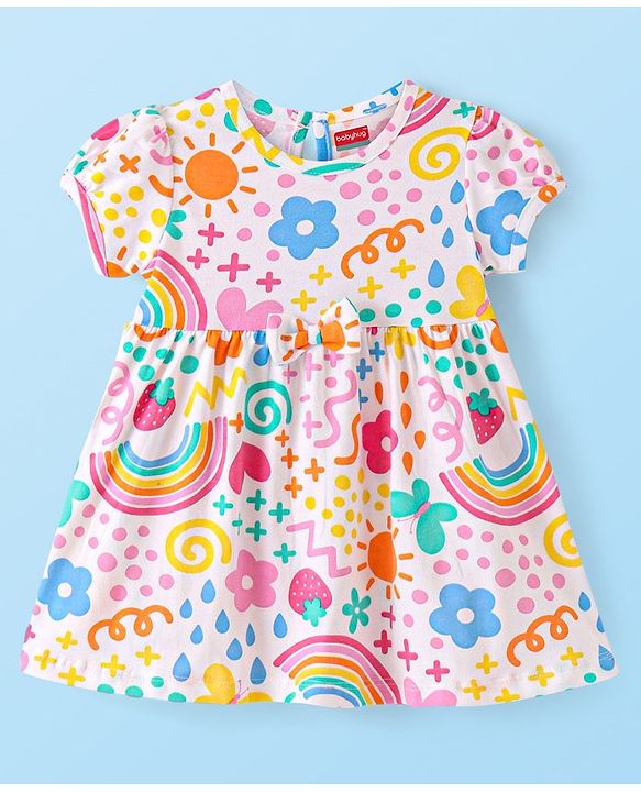 Babyhug Single Jersey Knit Half Sleeves Rainbow & Floral Printed Frock - White