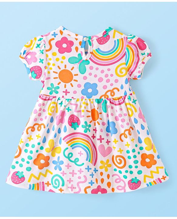 Babyhug Single Jersey Knit Half Sleeves Rainbow & Floral Printed Frock - White