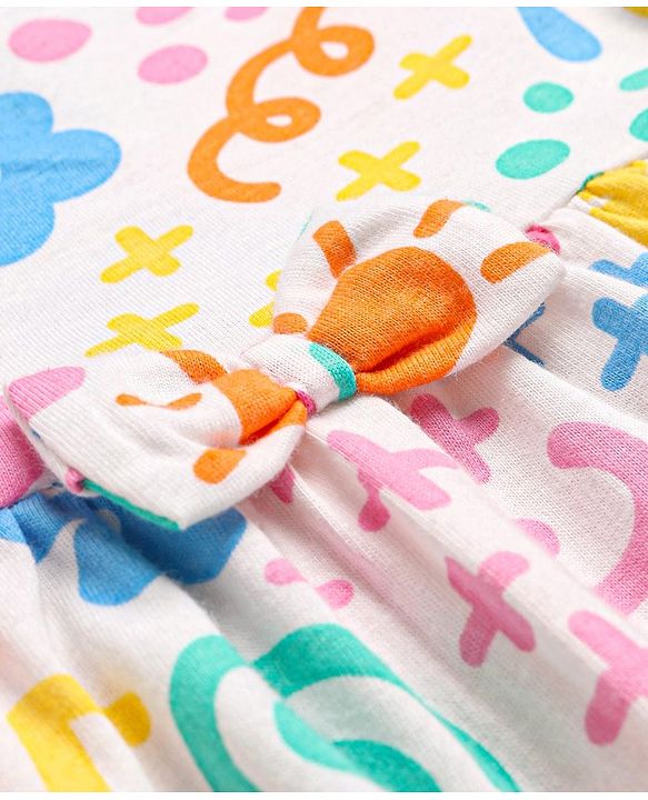 Babyhug Single Jersey Knit Half Sleeves Rainbow & Floral Printed Frock - White