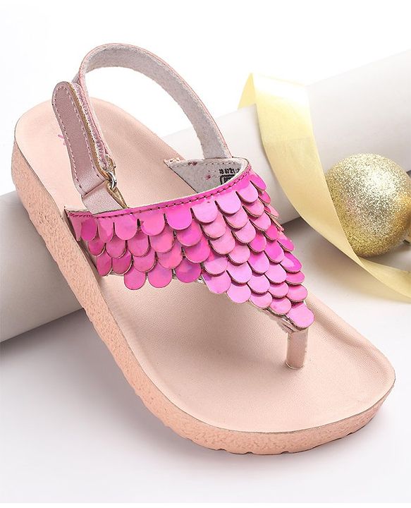 Pine Kids Sandals with Velcro Closure & Fish Scale Detailing - Pink