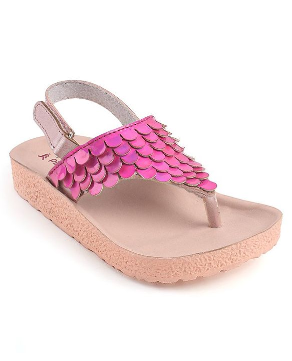 Pine Kids Sandals with Velcro Closure & Fish Scale Detailing - Pink