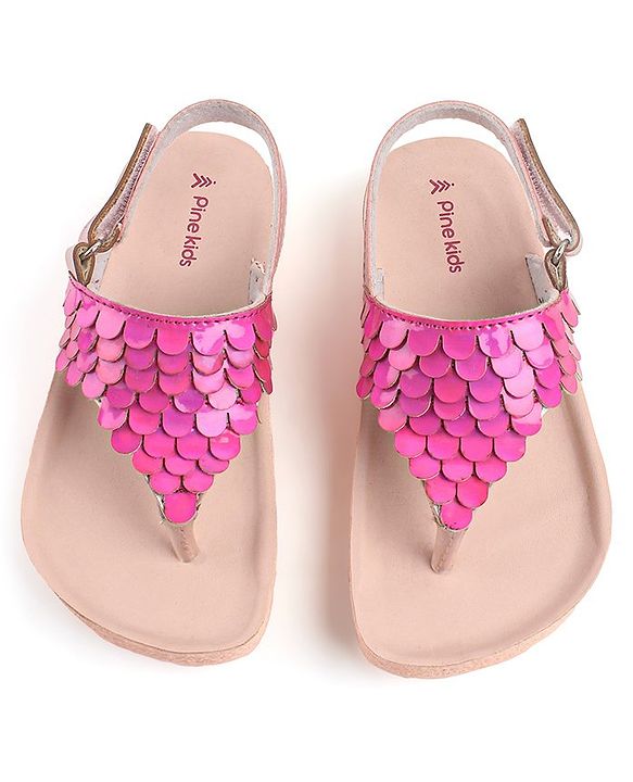 Pine Kids Sandals with Velcro Closure & Fish Scale Detailing - Pink