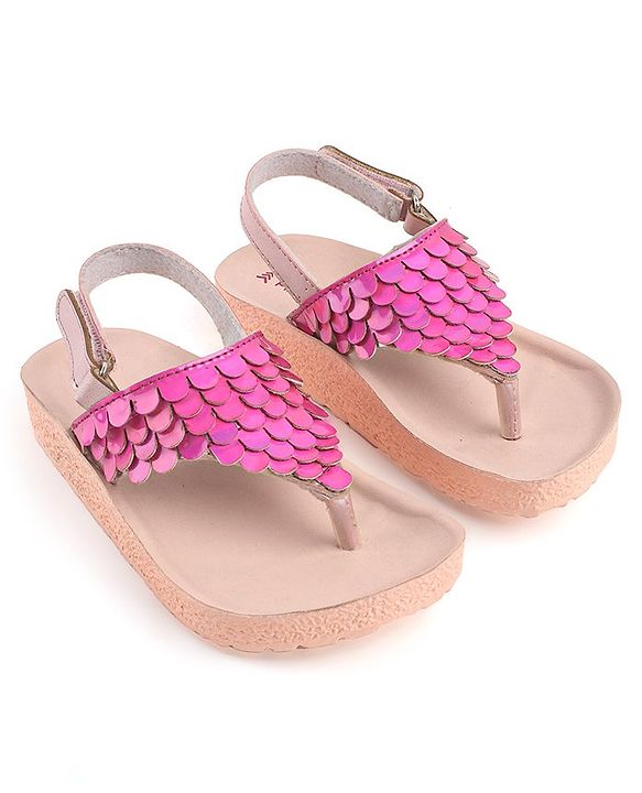 Pine Kids Sandals with Velcro Closure & Fish Scale Detailing - Pink