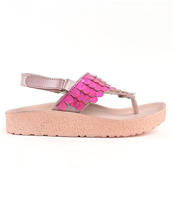 Pine Kids Sandals with Velcro Closure & Fish Scale Detailing - Pink
