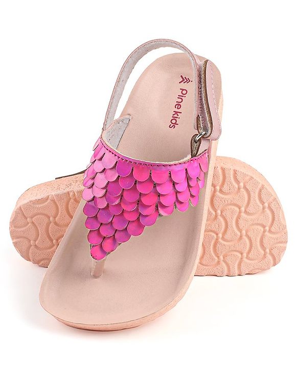 Pine Kids Sandals with Velcro Closure & Fish Scale Detailing - Pink