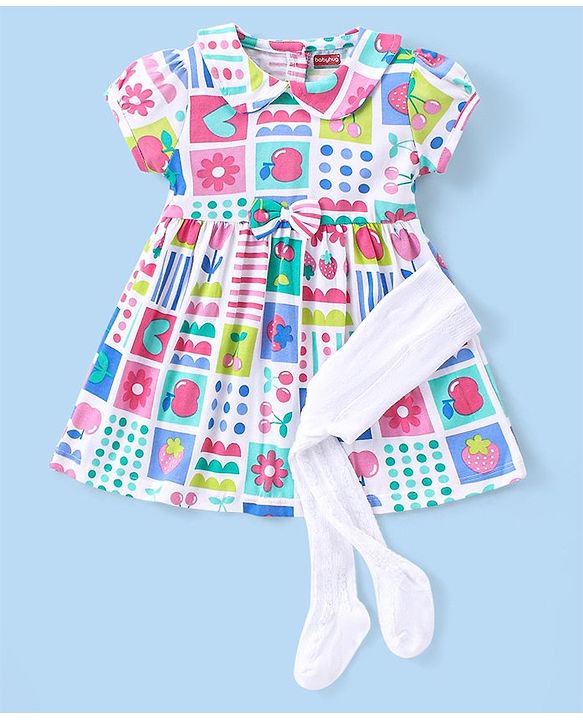 Babyhug Single Jersey Knit Half Sleeves Peter Pan Collar Frock with Leggings Floral & Heart Print - White