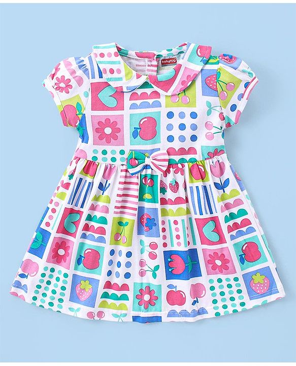 Babyhug Single Jersey Knit Half Sleeves Peter Pan Collar Frock with Leggings Floral & Heart Print - White