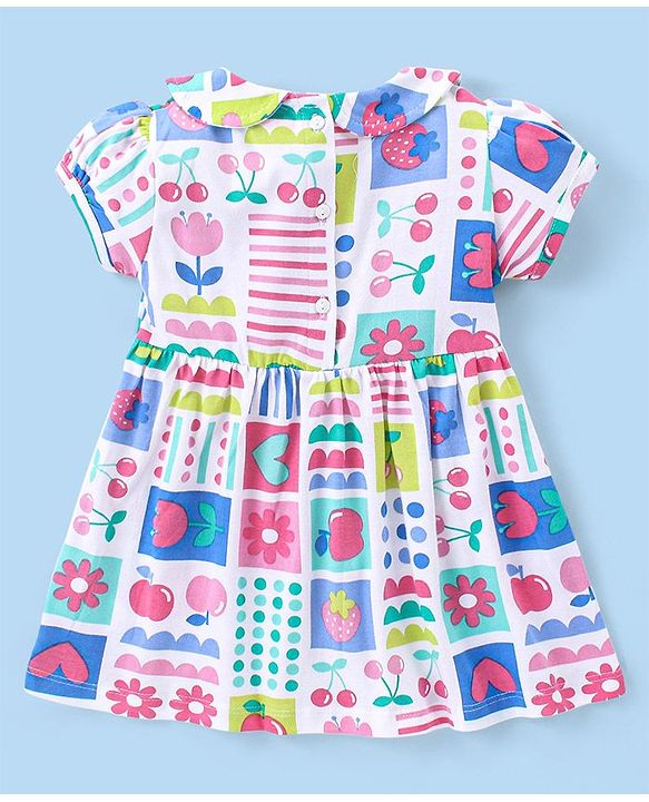 Babyhug Single Jersey Knit Half Sleeves Peter Pan Collar Frock with Leggings Floral & Heart Print - White