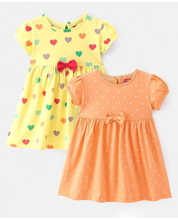 Babyhug Single Jersey Knit Half Sleeves Frocks with Polka Dot Print Bow Applique Pack of 2 - Multicolour