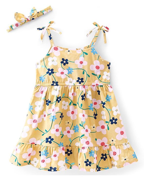 Babyhug 100% Cotton Woven Sleeveless Floral Printed Frock with Headband -Yellow