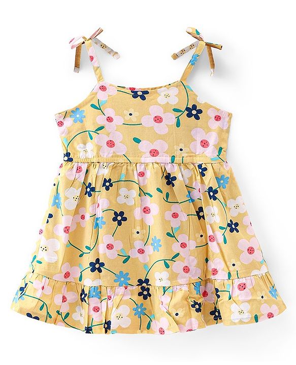 Babyhug 100% Cotton Woven Sleeveless Floral Printed Frock with Headband -Yellow