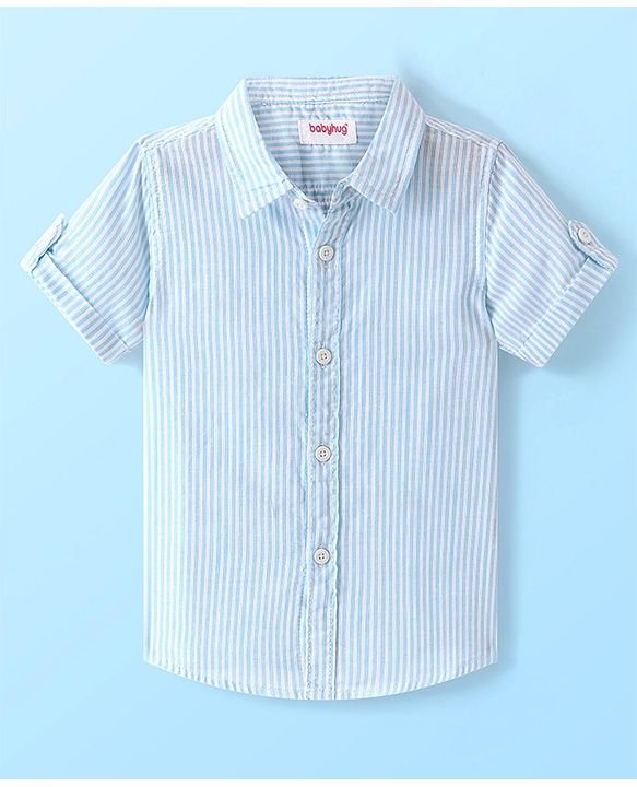 Babyhug Cotton Half Sleeves Striped Kurta Shirt with Printed Inner T-Shirt - Light Blue & White