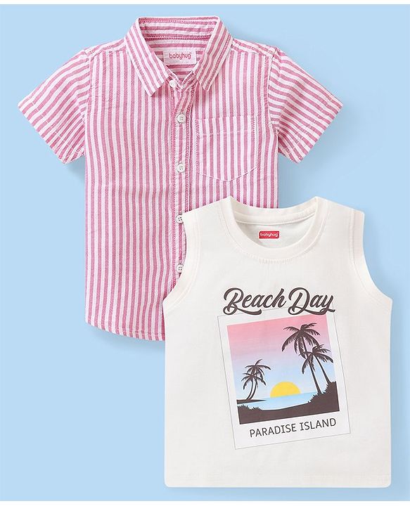 Babyhug Cotton Woven Half Sleeves   Striped Shirt with Sleeveless T-Shirt Tropical Print - Pink