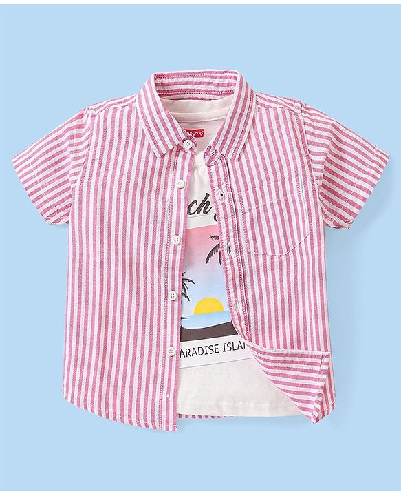 Babyhug Cotton Woven Half Sleeves   Striped Shirt with Sleeveless T-Shirt Tropical Print - Pink