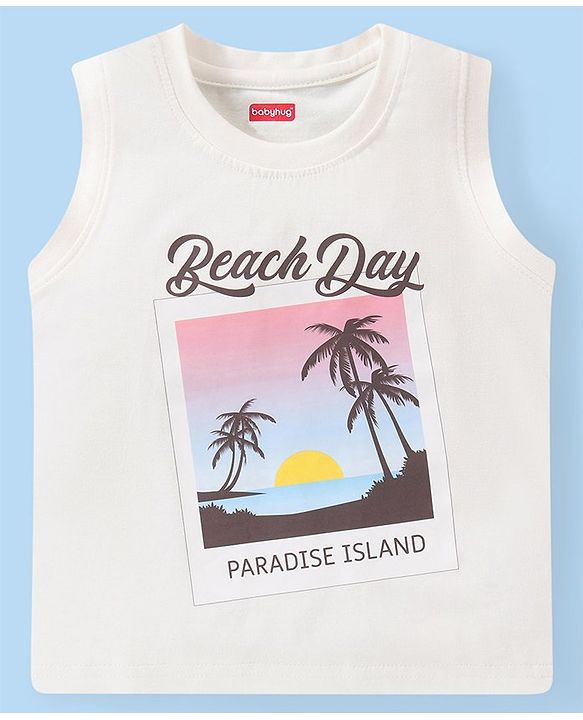 Babyhug Cotton Woven Half Sleeves   Striped Shirt with Sleeveless T-Shirt Tropical Print - Pink