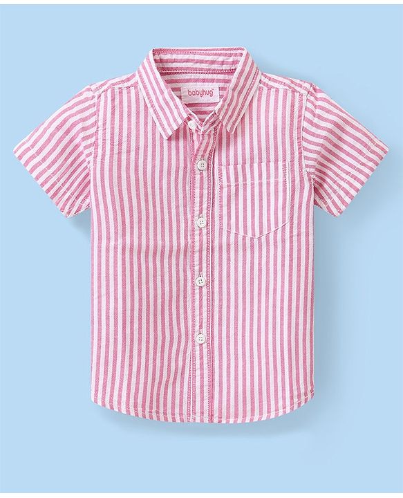 Babyhug Cotton Woven Half Sleeves   Striped Shirt with Sleeveless T-Shirt Tropical Print - Pink