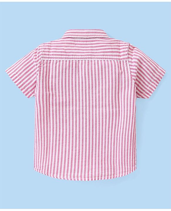 Babyhug Cotton Woven Half Sleeves   Striped Shirt with Sleeveless T-Shirt Tropical Print - Pink