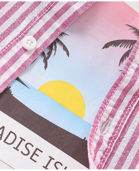 Babyhug Cotton Woven Half Sleeves   Striped Shirt with Sleeveless T-Shirt Tropical Print - Pink
