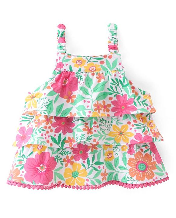 Babyhug 100% Cotton Knit Sleeveless Top with Frills Lace Detailing & Floral Print- Top