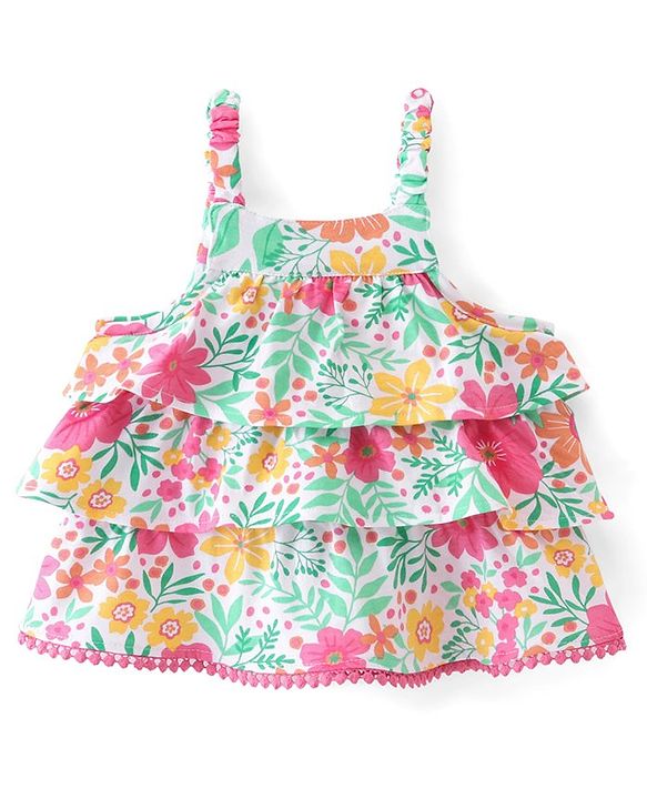 Babyhug 100% Cotton Knit Sleeveless Top with Frills Lace Detailing & Floral Print- Top