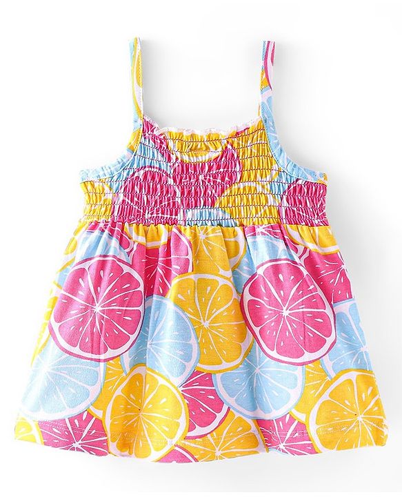 Babyhug 100% Cotton Knit Sleeveless Top with Orange Print & Smocking Detailing - Multicolour