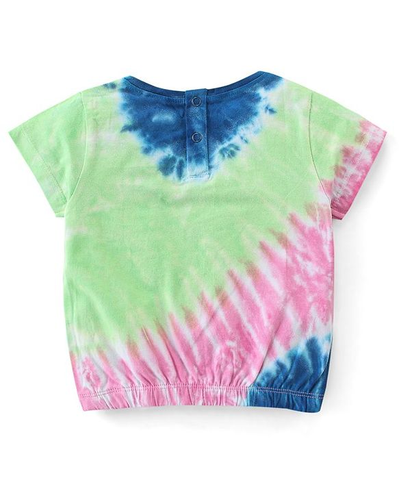 Babyhug Cotton Knit Half Sleeves Tie and Dye Top With Elastic Hem & Foil Text Print - Multicolor