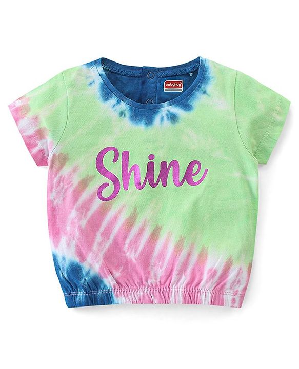 Babyhug Cotton Knit Half Sleeves Tie and Dye Top With Elastic Hem & Foil Text Print - Multicolor