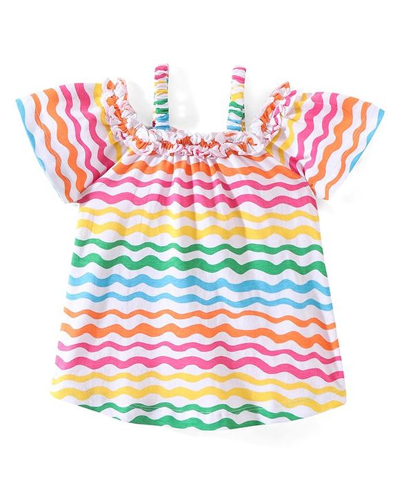 Babyhug Cotton Knit Half  Sleeves Top with Frill Detailing Wavy Print - Multicolour