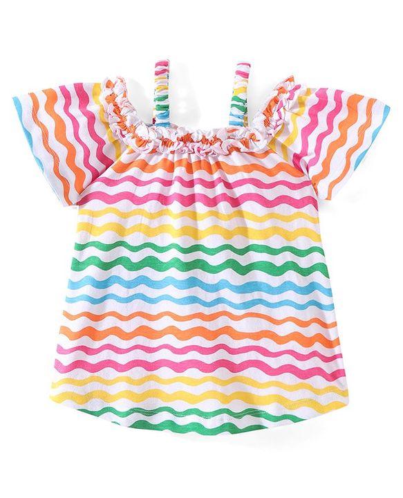 Babyhug Cotton Knit Half  Sleeves Top with Frill Detailing Wavy Print - Multicolour
