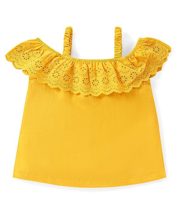 Babyhug Cotton Knit  Sleeveless Schiffli Top With Frill Detailing - Mustard