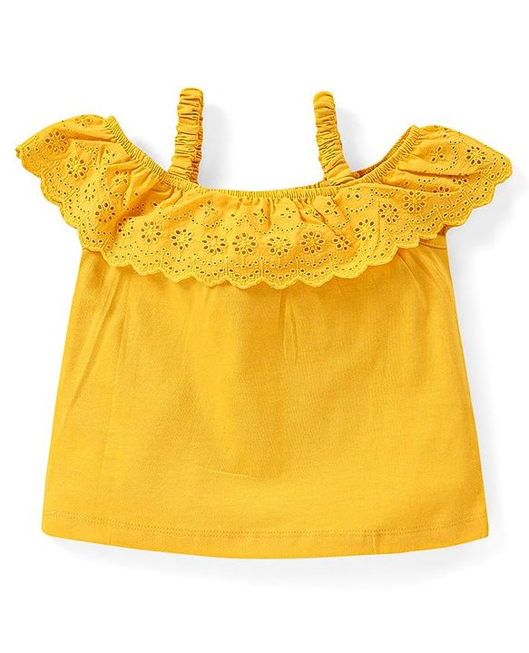 Babyhug Cotton Knit  Sleeveless Schiffli Top With Frill Detailing - Mustard