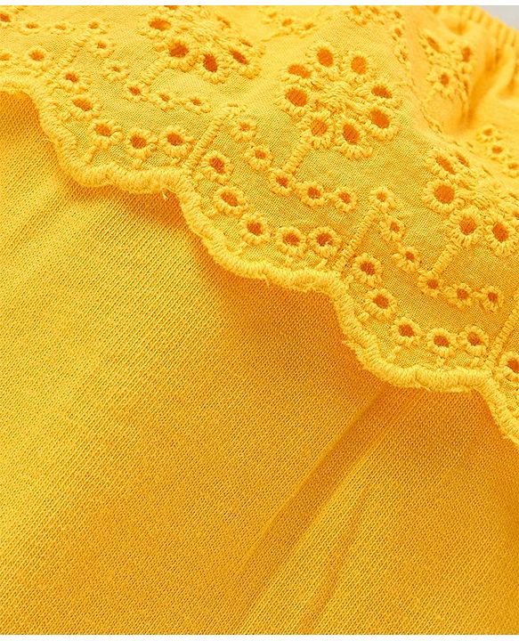 Babyhug Cotton Knit  Sleeveless Schiffli Top With Frill Detailing - Mustard