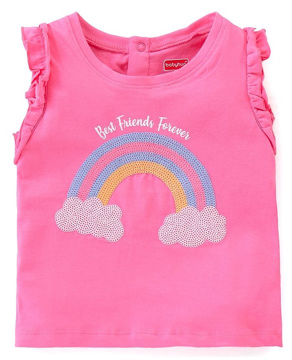 Babyhug Cotton Knit Sleeveless T-Shirt with Text & Rainbow  Print - Pink