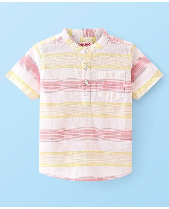 Babyhug 100% Cotton Woven Half Sleeves Mandarin Collar Striped Shirts - Multicolour