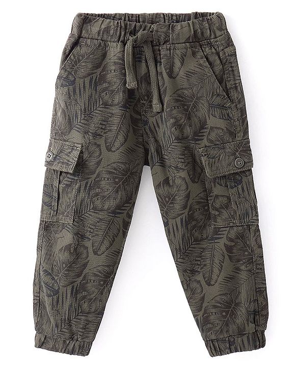Babyhug Cotton Lycra Woven Full Length Stretchable Tropical Print Pant - Olive Grey