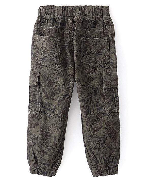 Babyhug Cotton Lycra Woven Full Length Stretchable Tropical Print Pant - Olive Grey