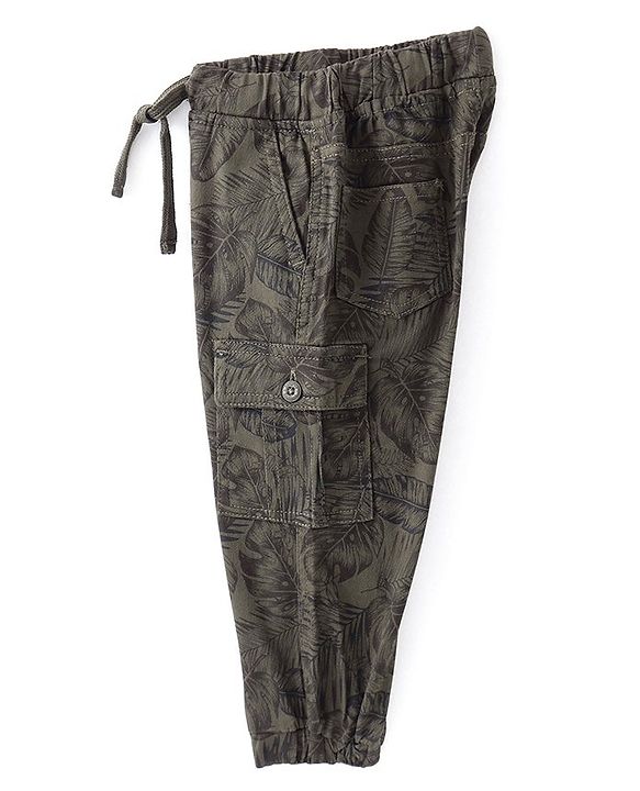 Babyhug Cotton Lycra Woven Full Length Stretchable Tropical Print Pant - Olive Grey