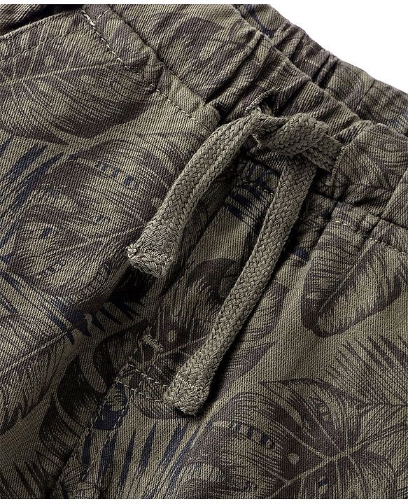 Babyhug Cotton Lycra Woven Full Length Stretchable Tropical Print Pant - Olive Grey