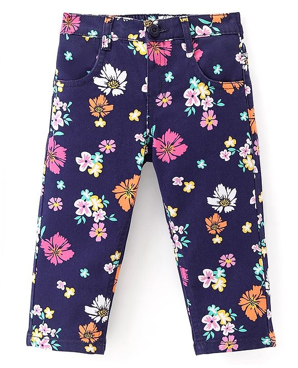 Babyhug Cotton Lycra Woven  Full Length Trousers Floral Print - Navy Blue