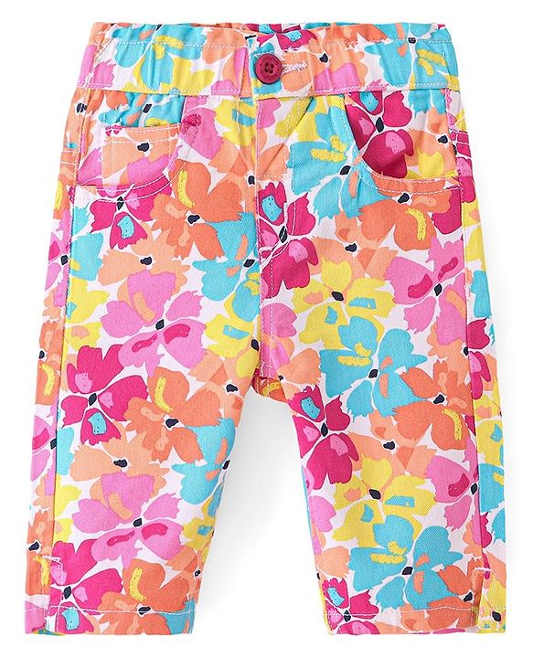 Babyhug Cotton Lycra Woven Capris With Stretch Floral Print - Multicolour