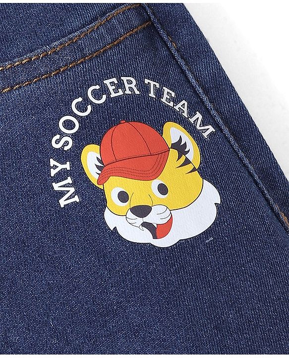 Babyhug Denim Full Length Tiger Printed Stretchable Joggers - Medium Blue