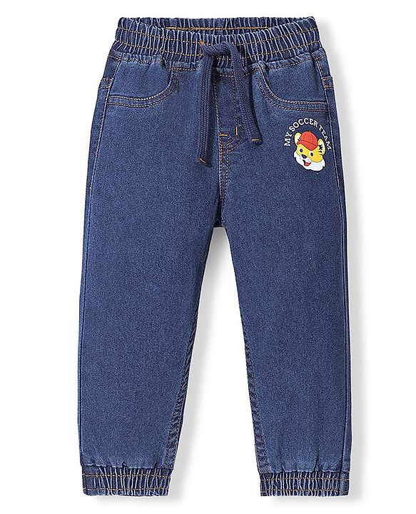 Babyhug Denim Full Length Tiger Printed Stretchable Joggers - Medium Blue