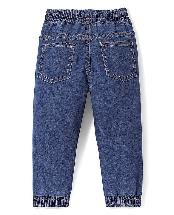 Babyhug Denim Full Length Tiger Printed Stretchable Joggers - Medium Blue