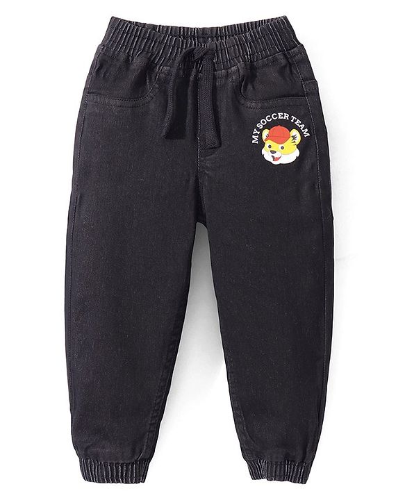 Babyhug Denim Full Length Tiger Printed Stretchable Joggers - Black