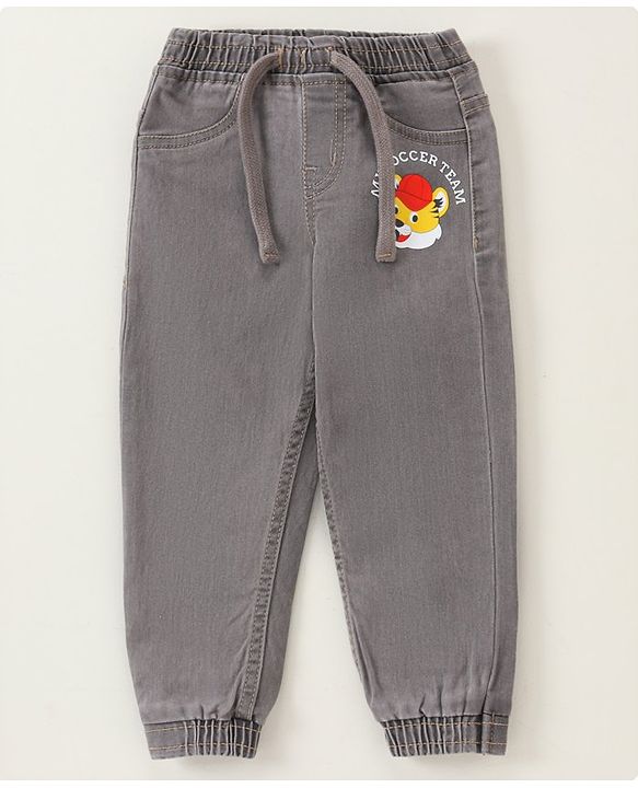 Babyhug Denim Full Length Tiger Printed Stretchable Joggers - Medium Blue