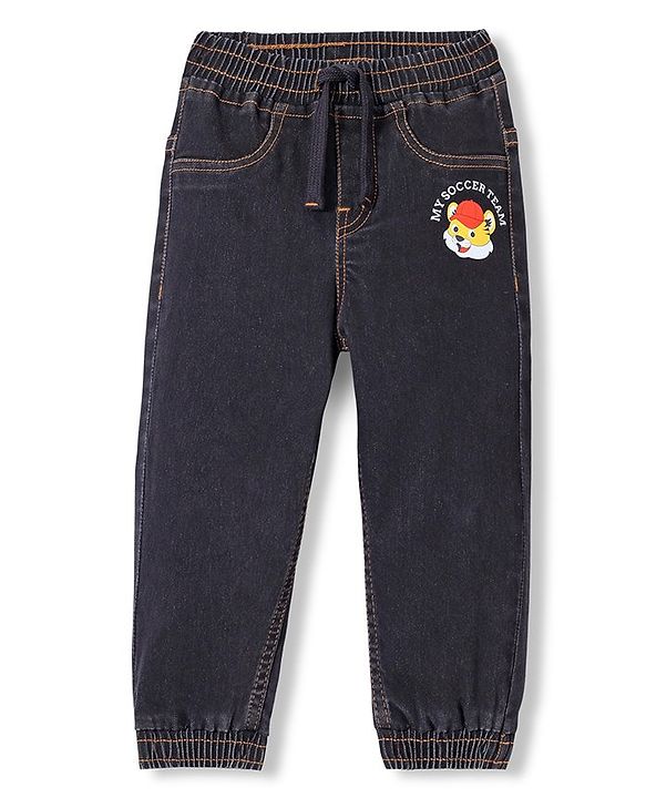 Babyhug Denim Full Length Tiger Printed Stretchable Joggers - Medium Blue