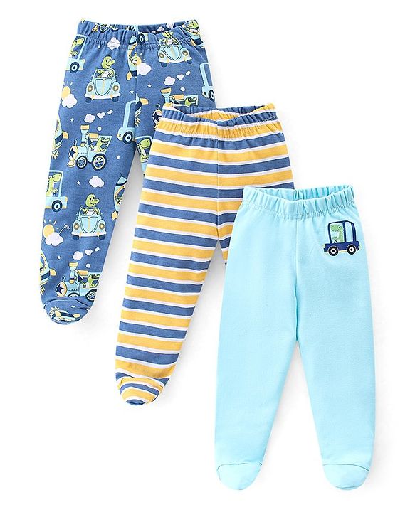 Babyhug Interlock  Cotton Knit Footed  Bootie Leggings Striped & Crocodile Print Pack of 3 -Multicolour